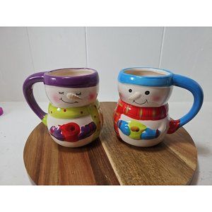 2 Bay Island Winter snowman 2016 Cocoa Ceramic  Glass Mug 12 OZ Blue Purple Trim
